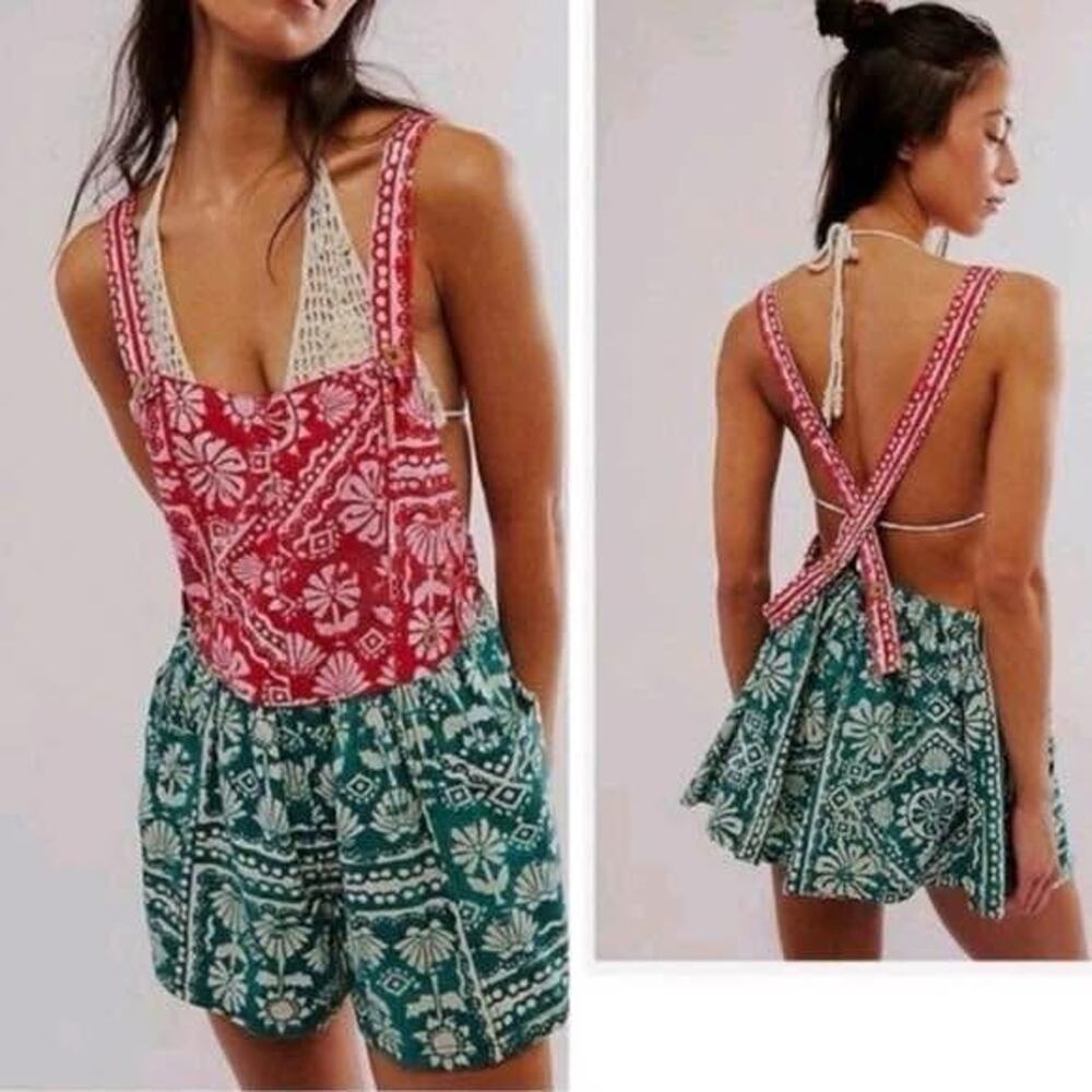 Free People Red and Teal Floral Patchwork Mini Dress